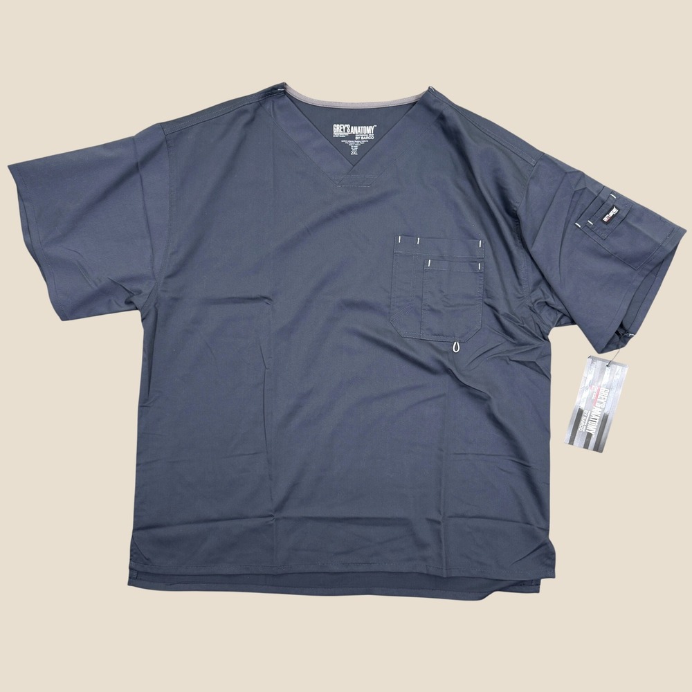 New Grey's Anatomy by Barco Scrub Top Men 2XL Steel Gray 3 Pocket V Neck 0107X